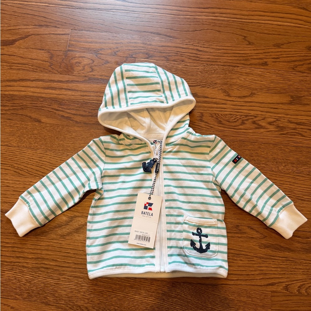NWT Batela Teal & White Striped Baby Hooded Zip-up